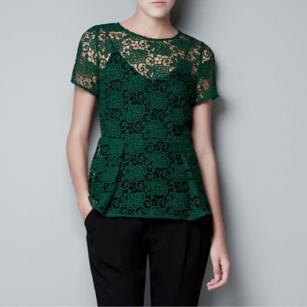 Zara Woman’s Green Lace Peplum Blouse Top Green Size M